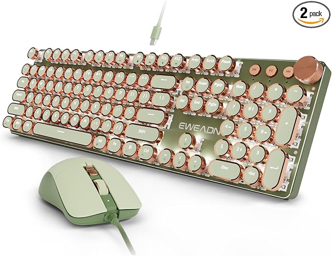 SEUNKWANG Wired Typewriter Keyboard and Mouse Combo, Retro Mechanical Keyboard with Multimedia Knob, White Backlit, Metal Panel, Low Noise Pink Switch Keyboard Mouse Set for PC Laptop - Green