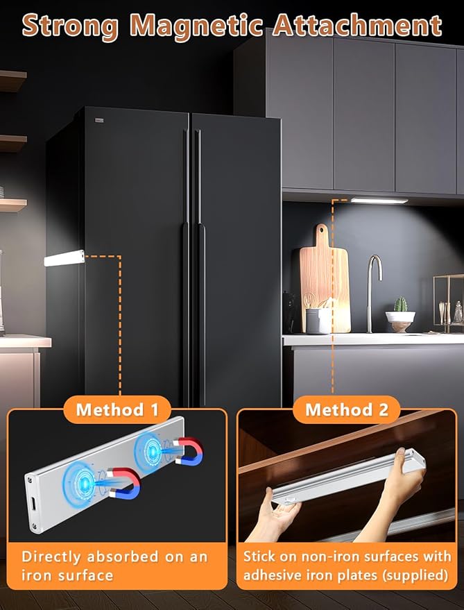 Under Cabinet Motion Sensor Lighting: 8 Inch Dimmable Rechargeable Lights Indoor - Battery Operated Lights - Undercabinet Closet Light Magnetic Led Light for Kitchen Home Bathroom Counter 2 Pack