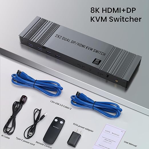 8K@60Hz HDMI+DP KVM Switch with 4-Port USB 3.0 Hub Dual HDMI Monitor KVM Switch for 2 Computers Supports Extended/Copy Mode, Keyboard & Mouse Sharing, Includes USB Cables & Remote Controller