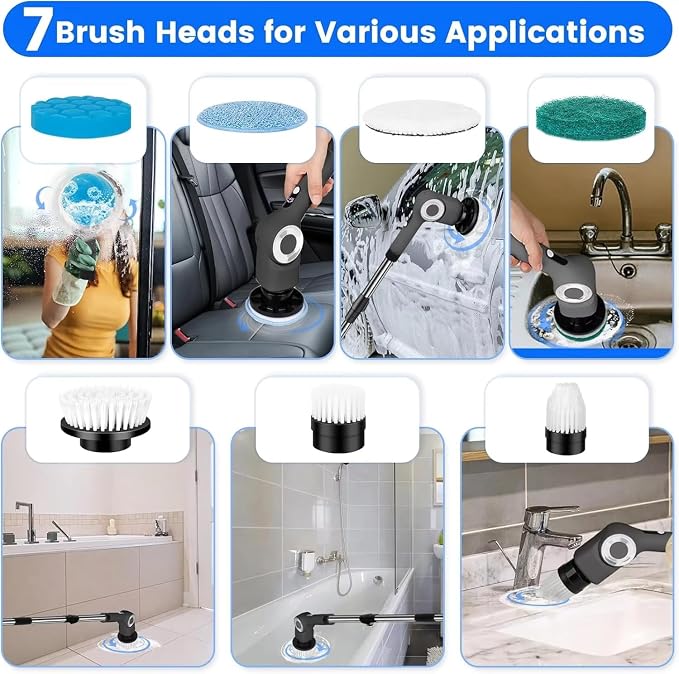 Electric Spin Scrubber, Electric Cleaning Brush, Multifunctional 360 Automatic Rotation Cordless Spin Scrubber with 7 Replaceable Brush Heads for Cleaning Bathroom Kitchen and Floor