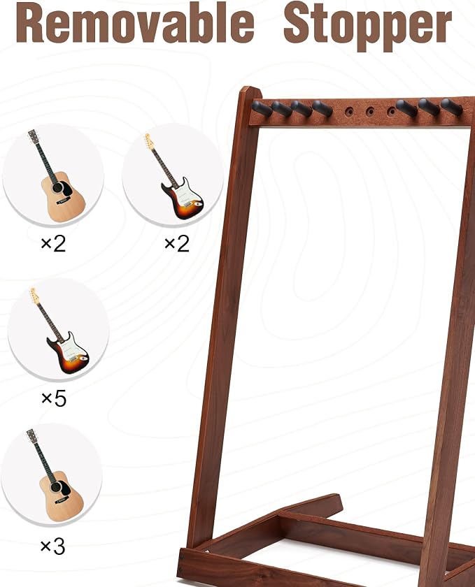 Multi Guitar Stand, Black Walnut Guitar Rack for 3 Acoustic/5 Electric/Bass | Guitar rack with soft felt pad and neck holder, guitar rack multiple guitars saves floor space, ideal for home studio display