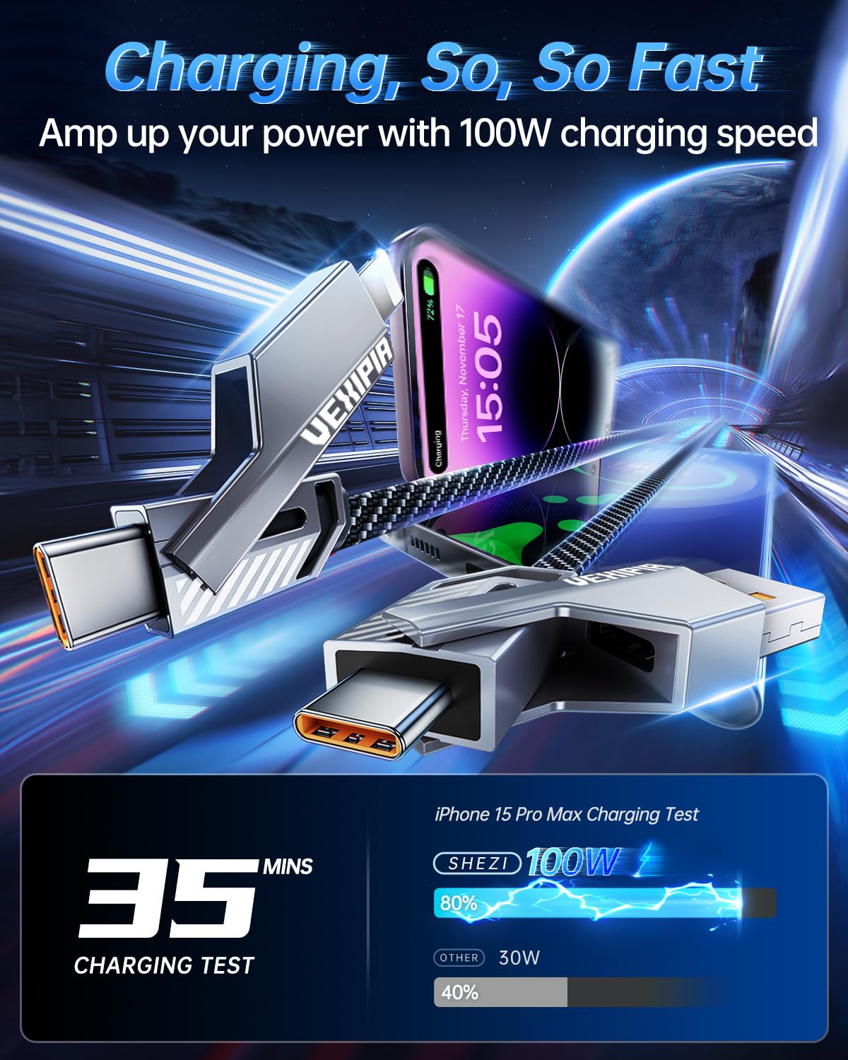 4-in-1 USB C Cable 100W 5FT Compatible with Lightning Cable [Fast Charging & Data Transfer] Flat Nylon Braided for iPhone iPad Charger Cord, Multi Charge Wire Combo with L/Type C/USB A Port