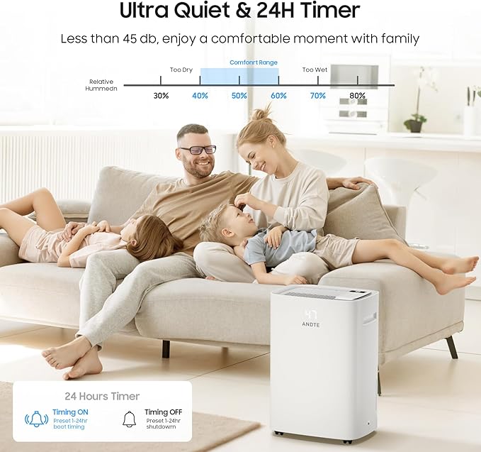 6500 Sq.Ft Dehumidifier for Basement Home, ANDTE 120 Pints Large Room Dehumidifiers Efficient with Drain Hose & 1.32 Gal Tank, Smart Humidity Control, Touch Control Panel, Auto Defrost