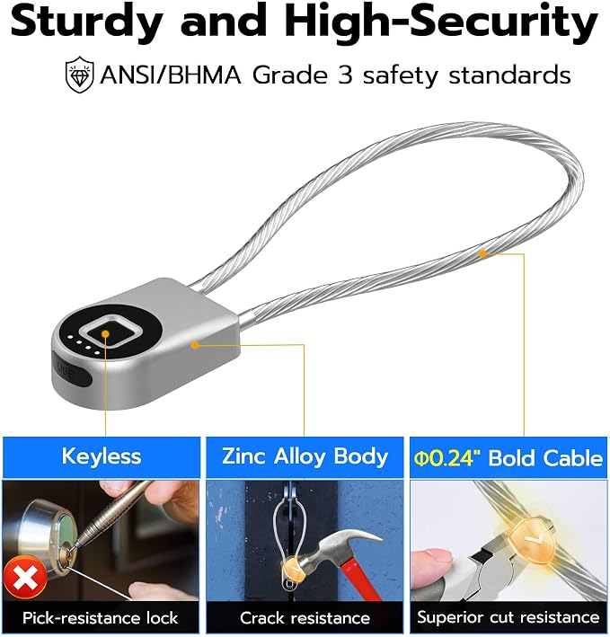 Anweller Fingerprint Cable Lock, 14" Long Shackle Small Padlock, Keyless Entry Biometric Bluetooth Smart Waterproof Combination Pad Lock for Gate Outdoor Fence Fridge Cabinet Locker Pool Bike - Silver