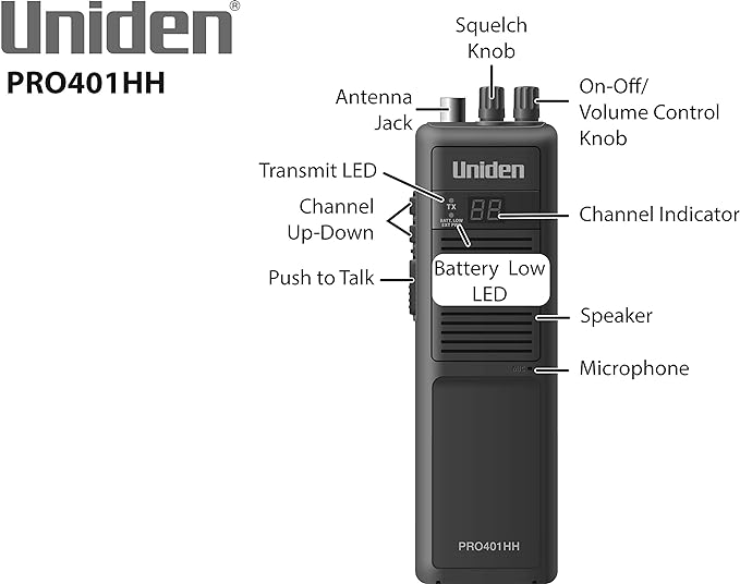 Uniden PRO401HH Professional Series 40 Channel Handheld CB Radio, 4 Watts Power with Hi/Low Power Switch, Auto Noise Cancellation, Belt Clip and Strap Included, 2.75in. x 4.33in. x 8.66in.(Pack of 6)