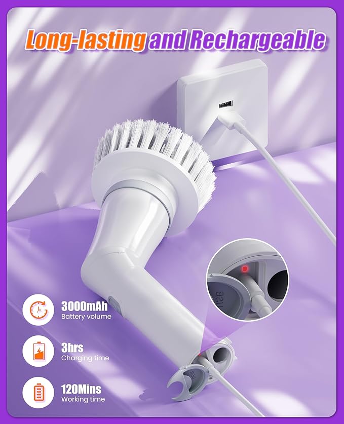 Electric Spin Scrubber, Cordless Shower Scrubber with 5 Replaceable Heads & Adjustable Extension Handle, 2 Speeds & IPX7 Waterproof Cleaning Brush for Bathroom Floor Tile and Grout, White-tb1