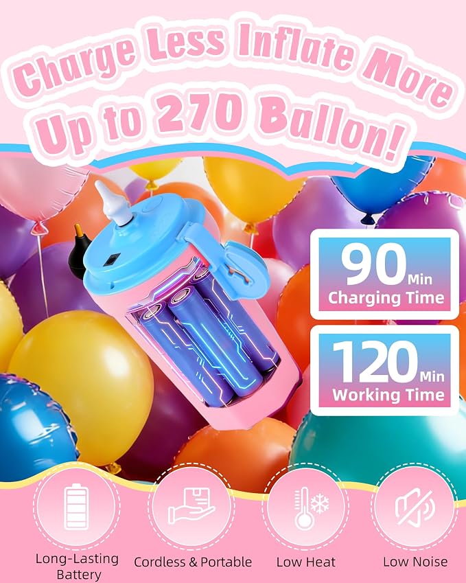 Portable Balloon Pump Electric, Rechargeable Cordless Balloon Pump Inflator for All Balloons, Latex 260q Foil Mylar Balloon Inflation, Quick-Fill Inflator& Deflator for Inflatables