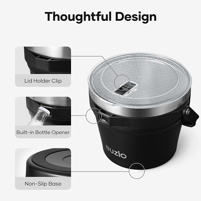 BUZIO 7.4 Qt/7 L Insulated Ice Bucket with Lid, Scoop, Tongs & Metal Cups, Double Wall Vacuum Stainless Steel Beer Bucket, Holds 6 Longnecks/3 Wine Bottles, for Parties Bar, Black
