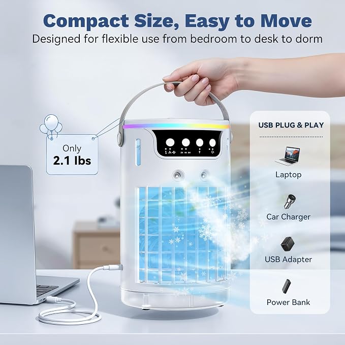 Portable Air Conditioners Desktop AC Unit with Water Ice Cooling Mist, Personal Evaporative Air Cooler Fan Mini Swamp Cooler for Bedroom, Nightstand, Office, Dorm, RV (White)