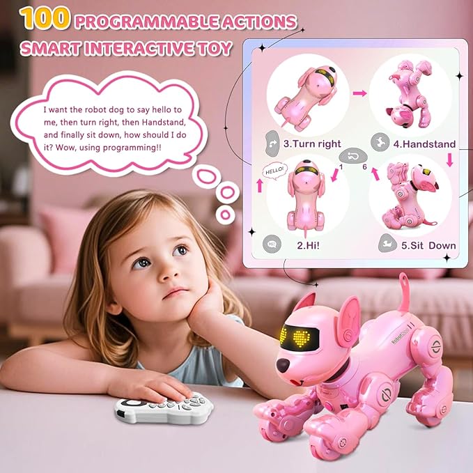 VATOS Rechargeable Robot Dog for Kids, Remote Control Robotic Dog with Programmable, 17 Interactive Functions & Volume Adjustable, Singing Dancing Robot Dog Toy Gift for Girls 3-8 Years Old, Pink