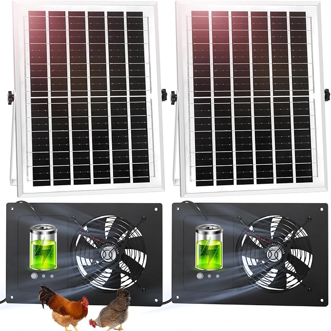 Solar Exhaust Fan with Battery and 3H/6H Timer, High Speed IP65 Waterproof Solar Powered Ventilation Fan for Chicken Coop, Greenhouse, Dog House and Shed, Low Noise (16.4FT Cord, 2 Pack)