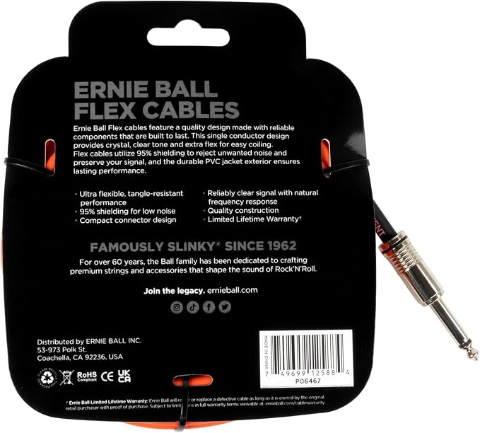 Ernie Ball Flex Instrument Cable Straight/Angle 20ft - Orange (P06467)