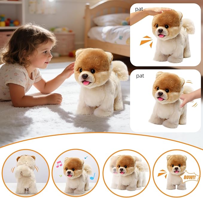 CU-MATE 12" Electric Plush Pomeranian Dog Toys, Electronic Stuffed Animal Dog Toy, Interactive Wuffy Robot Puppy, Walking, Talking, Barking & Wagging Tail, Gifts for Boys and Girls