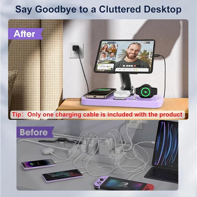 30W Charging Station for Apple Products, Foldable Wireless Charger with Clock Display&7 Color Light, Wired Charging for iPad/Tablet Charging Station for iPhone17, for Apple Watch11 for AirPods4(Purple
