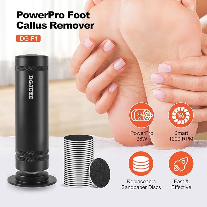 PowerPro Electric Foot Callus Remover Black with 60pcs Replacement Sandpaper Discs 100Grit Middle for feet Care Kit