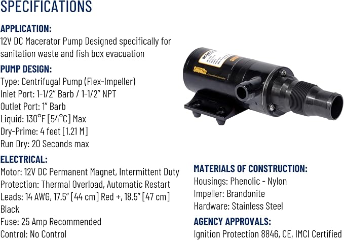 PENTAIR SHURFLO 3200-001 Macerator Pump, 12V RV Marine Waste Pump, 13 GPM High Flow, Dual Blade Grinder, Self Priming Black Water Tank Pump, Run Dry Capability, Ignition & Thermal Protected