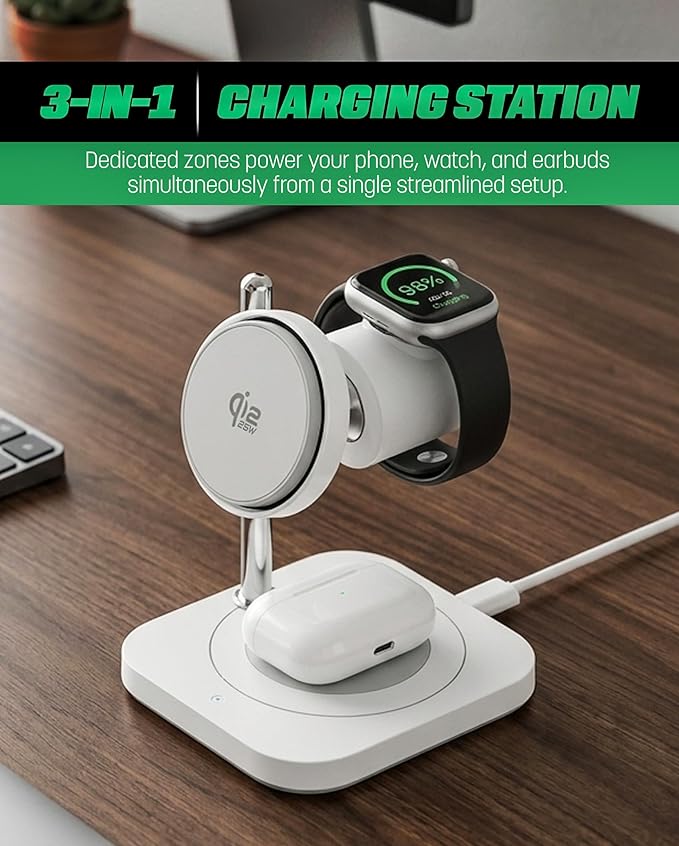 Galvanox Qi2.2 25W Magnetic Wireless Charging Stand for iPhone - 3 in 1 Charger Station (for iPhone, Apple Watch and AirPods) with Super Fast (45W) Wall Adapter (Compatible with MagSafe)