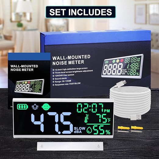 Decibel Meter 13" Sound Decibel Meter Display Time Temperature Humidity, Wall Mounted and Desktop Sound Level Meter with Buzzer Alarm Icons Indicator, Noise Meter for Classroom, Studio, Home, etc.