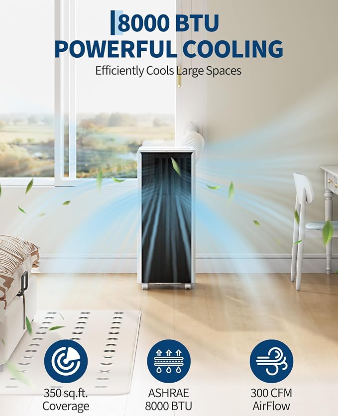 8,000 BTU Portable Air Conditioners | Cools up to 350 Sq. Ft., LED Touch Panel with Remote Control, Built-in Dehumidifier, Fan, Compact Indoor Quiet AC Unit