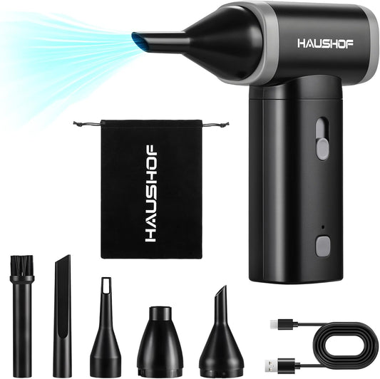 HAUSHOF 8V Mini Electric Air Duster-110,000RPM High Power Compressed Air blower, Rechargeable Brushless Motor Durable Cleaner, Variable Speed Dust Blower for Computer, PC Keyboard, Electronics, Car...