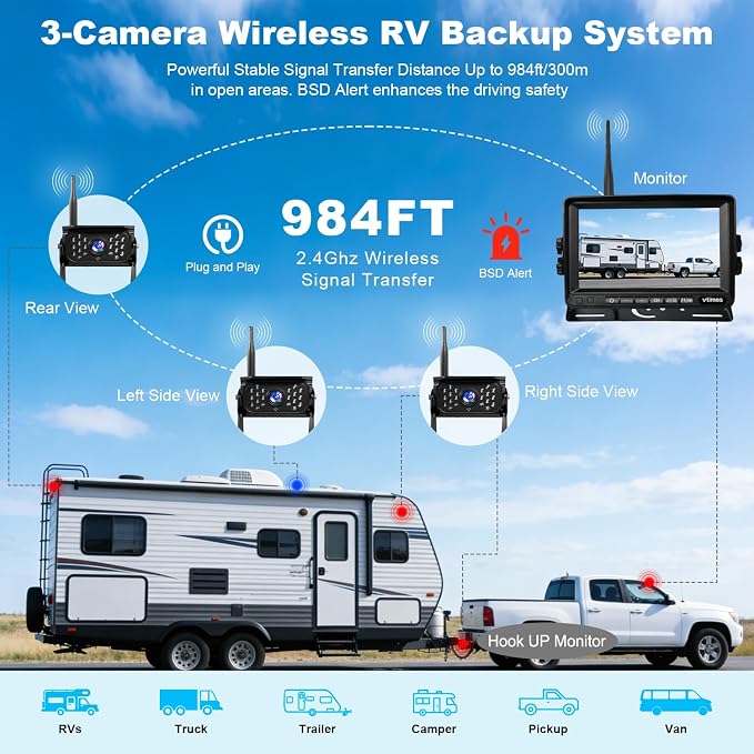 VTimes 3-Camera Wireless RV Backup System, RV Backup Camera with 7'' HD Monitor for Truck, 4 Channels Split Screen, BSD Alert, 984FT Signal Range, IP69K Waterproof IR Night Vision, DIY Guide Lines