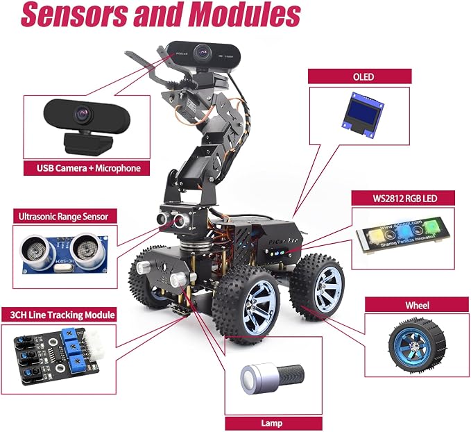 Adeept PiCar Pro V2 Robotics Kit(Raspberry Pi NOT Included), Smart Car with 4-DOF Robotic Arm for Pi 5/4/3, 1080P HD Camera, OpenCV, Obstacle Avoidance, Line Tracking, USB-C Charging, Digital Tutorial