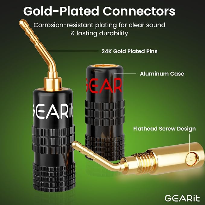 GearIT Pin Banana Plugs for Speaker Wire (6 Pairs, 12 Pieces), 2mm Pin Plug Screw Type, 24K Gold Plated Connectors (Support 12 AWG to 20 AWG Wires)
