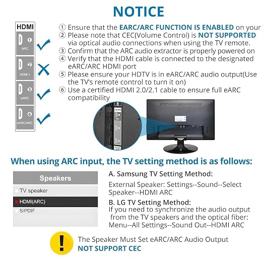 AUTOUTLET HDMI eARC/ARC to Dual Optical Audio Adapter, HDMI ARC to Optical Converter with 2 Toslink SPDIF Outputs for TV Soundbar Wireless Headphones, 192kHz, Dolby DTS 5.1
