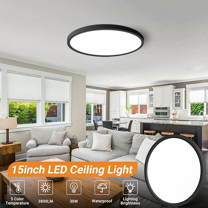 slochi 2Pack LED Flush Mount Ceiling Light Fixture, 15 Inch 30W, 3800LM, Super Slim 0.7 Inch, 3000K-6500K Adjustable Low Profile LED Ceiling Lights for Bathroom, Closet, Hallway(Black)