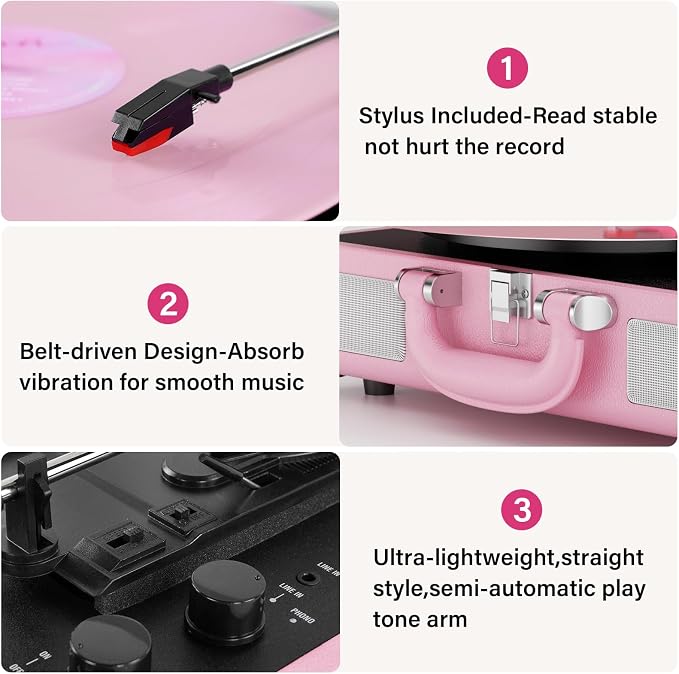 Vinyl Record Player 3-Speed Bluetooth Suitcase Portable Belt-Driven Record Player with Built-in Speakers RCA Line Out AUX in Headphone Jack Vintage Turntable,Pink