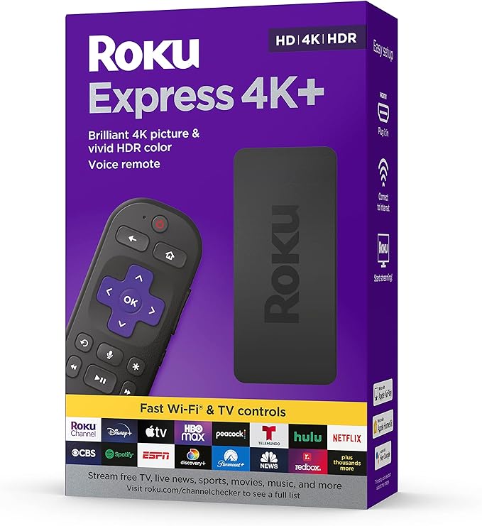 Roku Express 4K+ | Roku Streaming Device 4K/HDR with Voice Remote, Free & Live TV