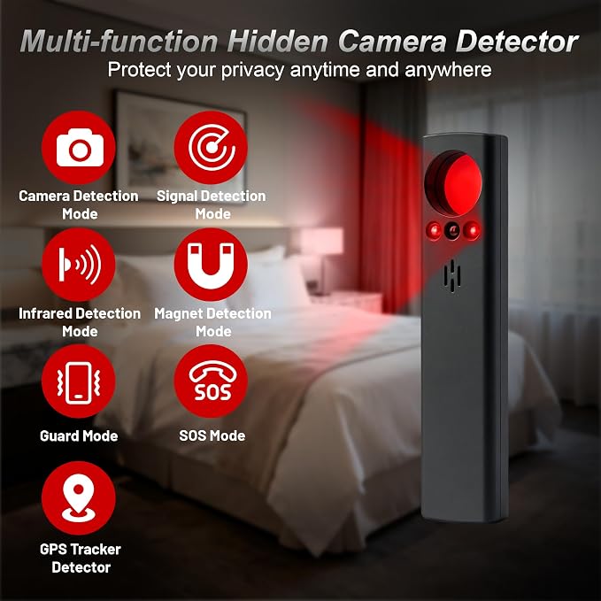 Hidden Camera Detector, 6-in-1 Anti-Spy Camera Finder w/LED Screen, GPS Tracker & Bug Sweeper Detector, Portable RF Signal Scanner, Privacy Protection for Travel, Office, Hotel, Car (Black)