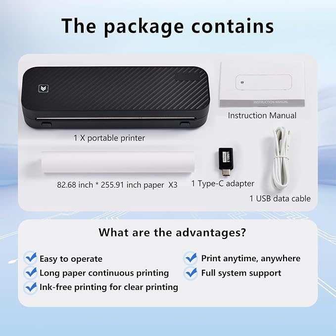Portable Printer for Travel Bluetooth,Inkless Travel Printer,supports thermal US Letter & A4 & A5 & A6 & A7 & Receipt paper,Compatible with Phone & Laptop and Tablet,with 3 thermal paper rolls.