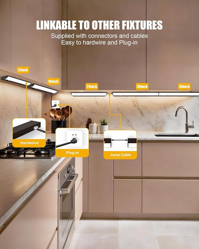 Hardwired Under Cabinet Lighting, 16 inch 3CCT with Triac Dimmable, 12W Linkable Under Counter Lights for Kitchen, CRI 97, 144 LED 1050 Lumen Under Cabinet Lights with 2 Cord, Brown
