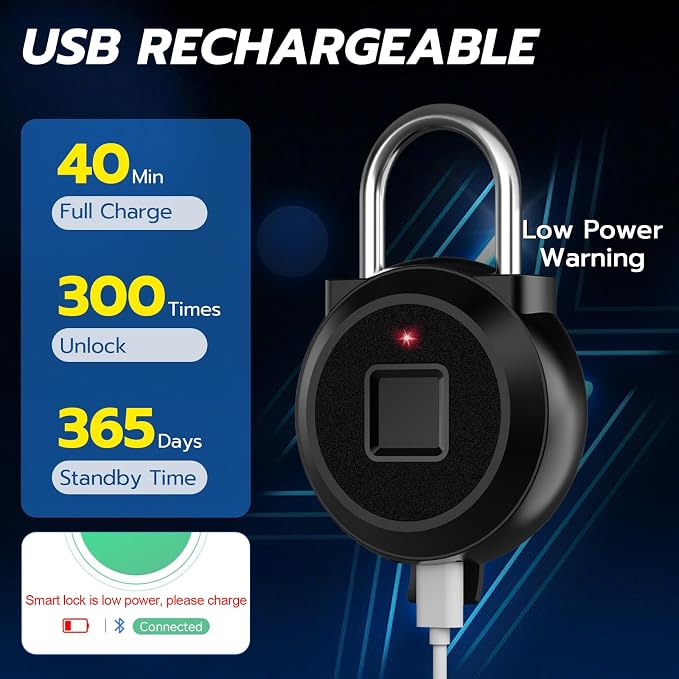 Gym Locker Padlock Fingerprint Padlock eLinkSmart - Waterproof Keyless Smart Lock Bluetooth App Authorized View Record Combination Padlock for School Gym Locker Gun Case Field Box Black