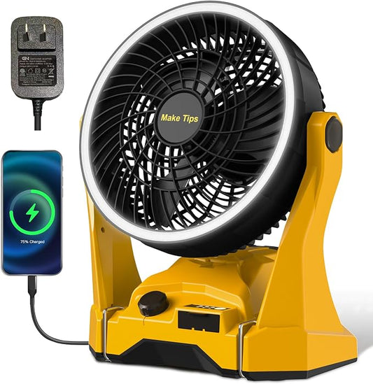 Fan for DeWalt 20V Max Battery, Portable Jobsite Camping Fan with Infinite Speed Control, 3-Level Ring Light, USB-C and USB Charging, Hook, Handle, 180° Tilt for Outdoor Use, Battery Not Included