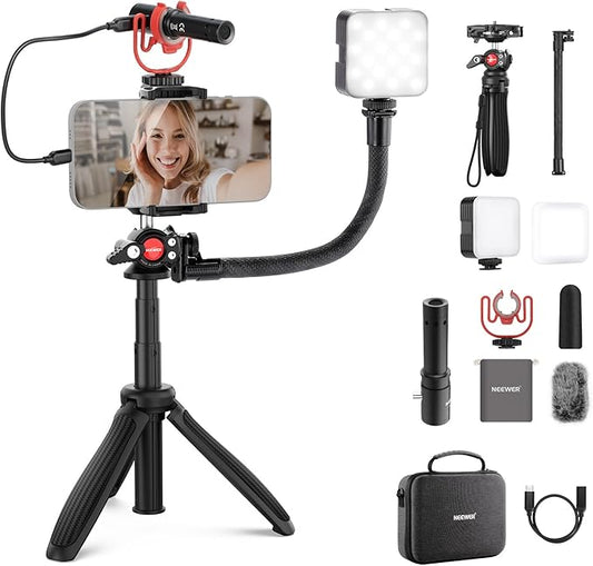 NEEWER Phone Vlogging Kit, Content Creator Essentials Kit for YouTube with LED Light, Selfie Stick Travel Tripod, Flexible Soft Tube, USB C Cardioid Microphone for iPhone, Android, Podcast, PA045