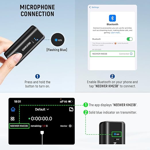NEEWER KM23B Wireless Lavalier Microphone Bluetooth App Control, Compatible with iPhone Android Phone 8Hrs Battery Vocal Enhancement Noise Cancellation Volume Adjustment Low Cut for Streaming Vlogging