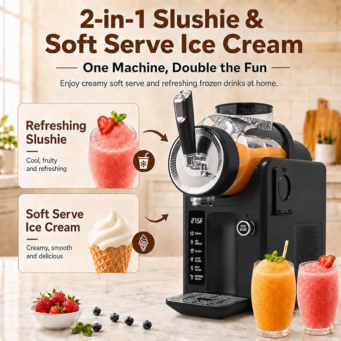 SYINTAO Slushie Machine No Ice Needed, 2-in-1 Frozen Drink & Soft Serve Ice Cream Maker, Self-Chilling Slushy Maker with 5 Presets, LED Display & Auto Clean for Home & Party (Black)