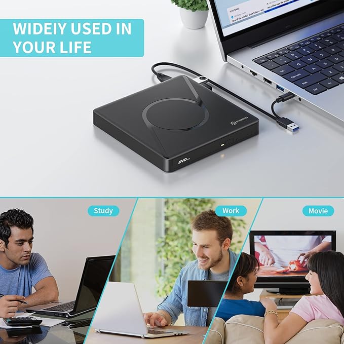 PHIXERO External DVD Drive for Laptop, USB 3.0 Type-C CD/DVD +/-RW ROM Burner DVD Player with 2 USB A Ports and SD/TF Card Slot for Laptop or Desktop PC Windows XP/7/8/10, MacBook, Linux