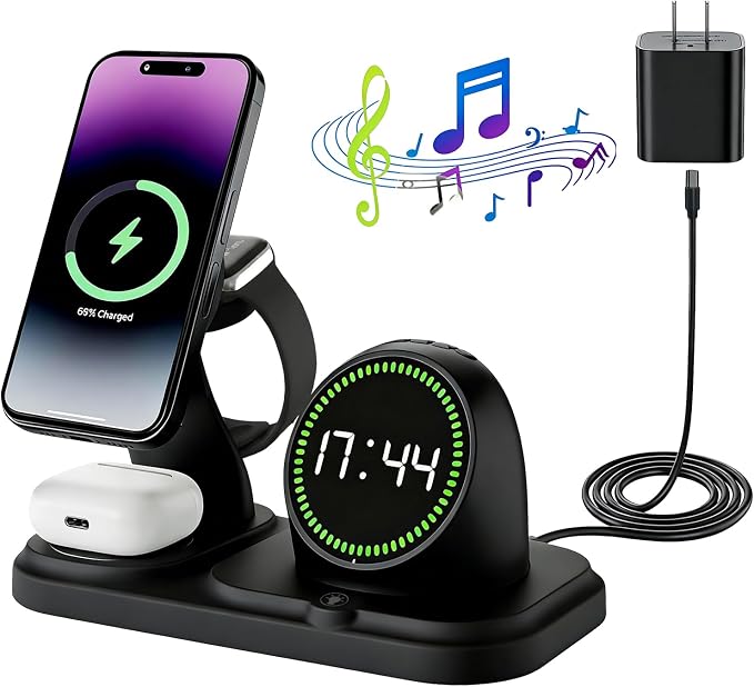 6 in 1 Wireless Charger Charging Station : Compatibility for iPhone 17 16 15 14 13 Pro Max Apple Watch, Charger Stand for Apple Devices, with Wireless Speaker and Digital Clock Ambient Lights (Black)