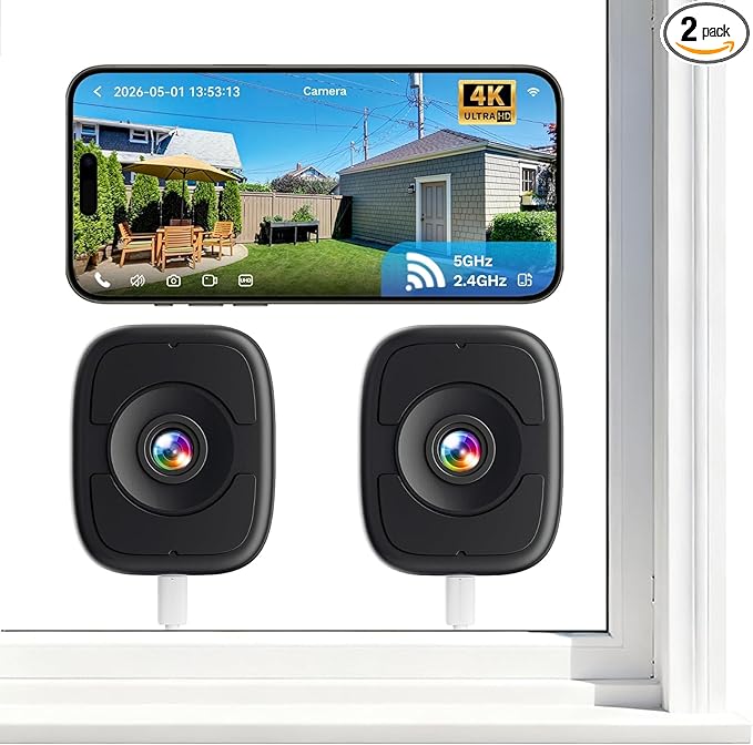 LongPlus 8MP 4K Window Camera 2 Pack, 2.4/5GHz WiFi Safeview Camera with Night Vision, Indoor Window Cameras for Home Security, Human/Car Detection, 24/7 Recording, No Drill Installation