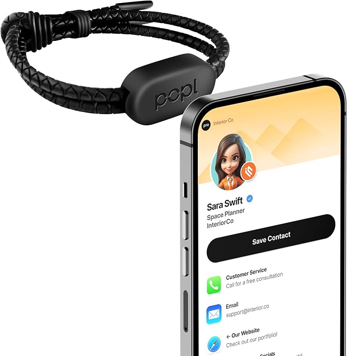 Authentic Patented Popl Bracelet™ (Avoid Fake Knockoffs) - Smart NFC Networking Card - Simply Tap to Exchange Contact Info, Capture Leads, & Manage Contacts (Black Rope Style)