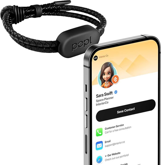 Authentic Patented Popl Bracelet™ (Avoid Fake Knockoffs) - Smart NFC Networking Card - Simply Tap to Exchange Contact Info, Capture Leads, & Manage Contacts (Black Rope Style)