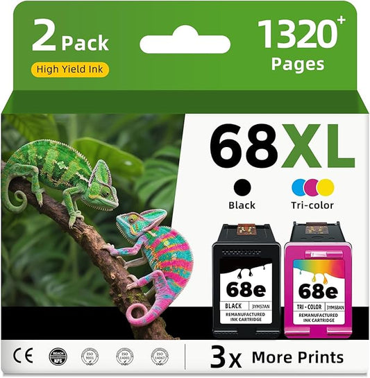 68XL 68e Ink Cartridges Black Color Combo Pack Replacement for HP 68 HP68 xl 68e HP68xl to Envy 6155e 6100e 6500e 6152e 6555e 6552e 6558e 6110e 6130e 6131e 6165e 6530e 6531e 6532e 6132e 6520e Printer