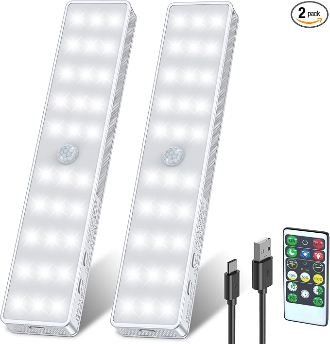 Racokky Under Cabinet Lights, 2 Pack Rechargeable Motion Sensor Closet Lighting, Dimmable RV Step Lights Stick-Anywhere LED Night Bar for Kitchen, Wardrobe, Stairs (White)