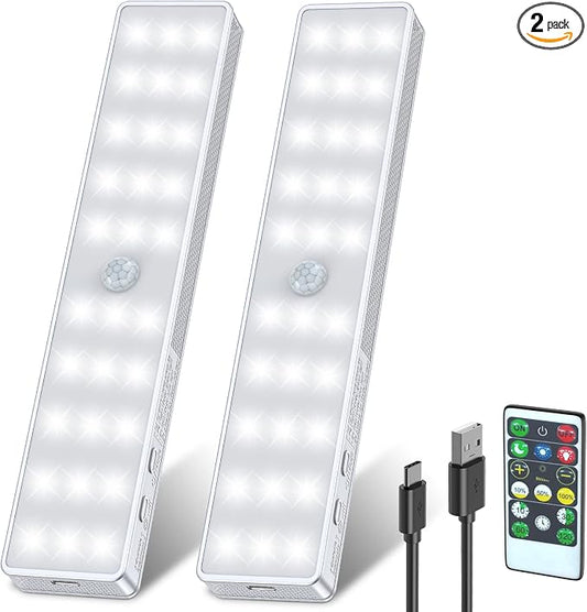 Racokky Under Cabinet Lights, 2 Pack Rechargeable Motion Sensor Closet Lighting, Dimmable RV Step Lights Stick-Anywhere LED Night Bar for Kitchen, Wardrobe, Stairs (White)