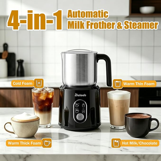 Detachable Milk Frother and Steamer, Dishwasher Safe Stainless Steel Milk Jug, 4-in-1 Electric Automatic Hot/Cold Foam Maker & Hot Chocolate Machine, 11.8oz/350ml, Perfect for Latte, Cappuccino