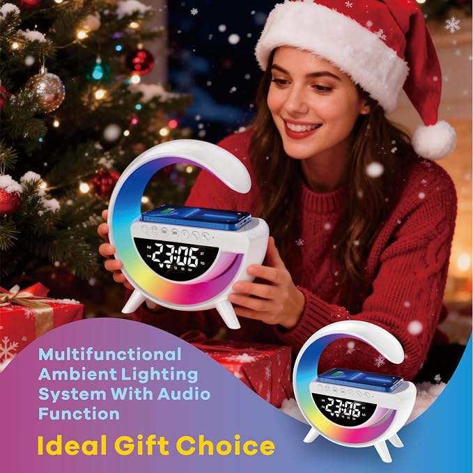 15w Wireless Charging Ambient Light Bluetooth Speaker Alarm Clock Multifunctional G-Type Colorful Bedroom Light Desktop Creative Ornament