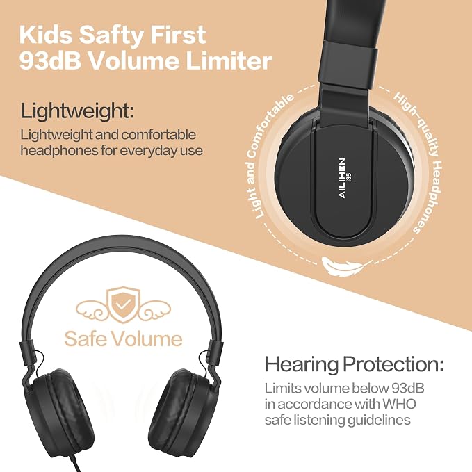 Classroom Headphones Bulk 10 Pack - Kids Headphones for School K-12 Student, 93dB Volume Limited On-Ear Wired Headset with Microphone, Durable 3.5mm Jack for Class Set Library Computer (Black)